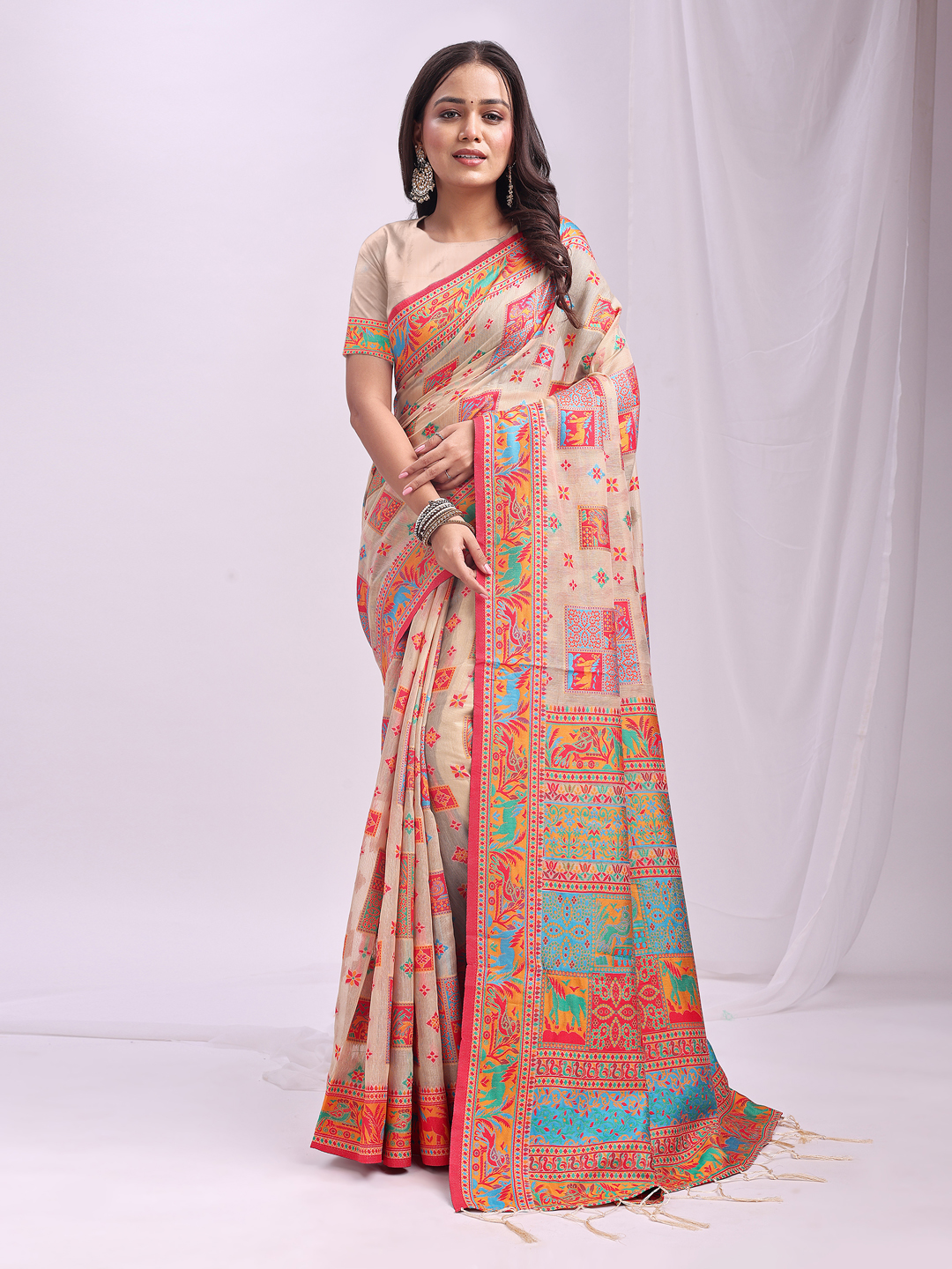 Natural Off White Linen Cotton Saree with Soft Texture