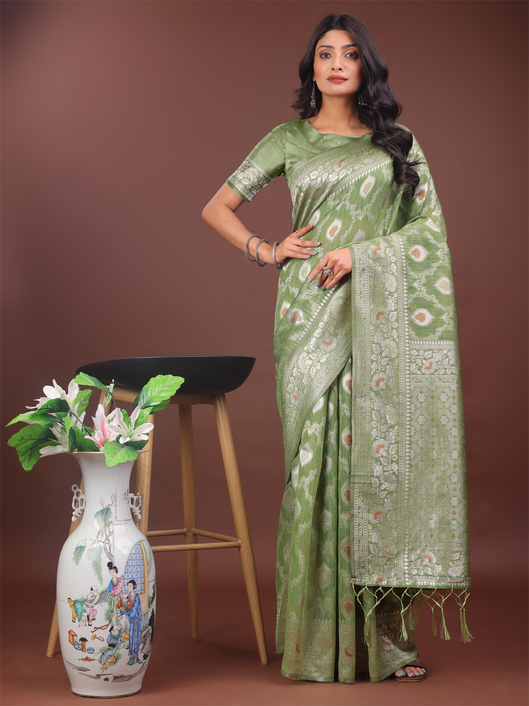 Graceful Light Green Linen Cotton Saree – Ideal for Work & Festive Wear
