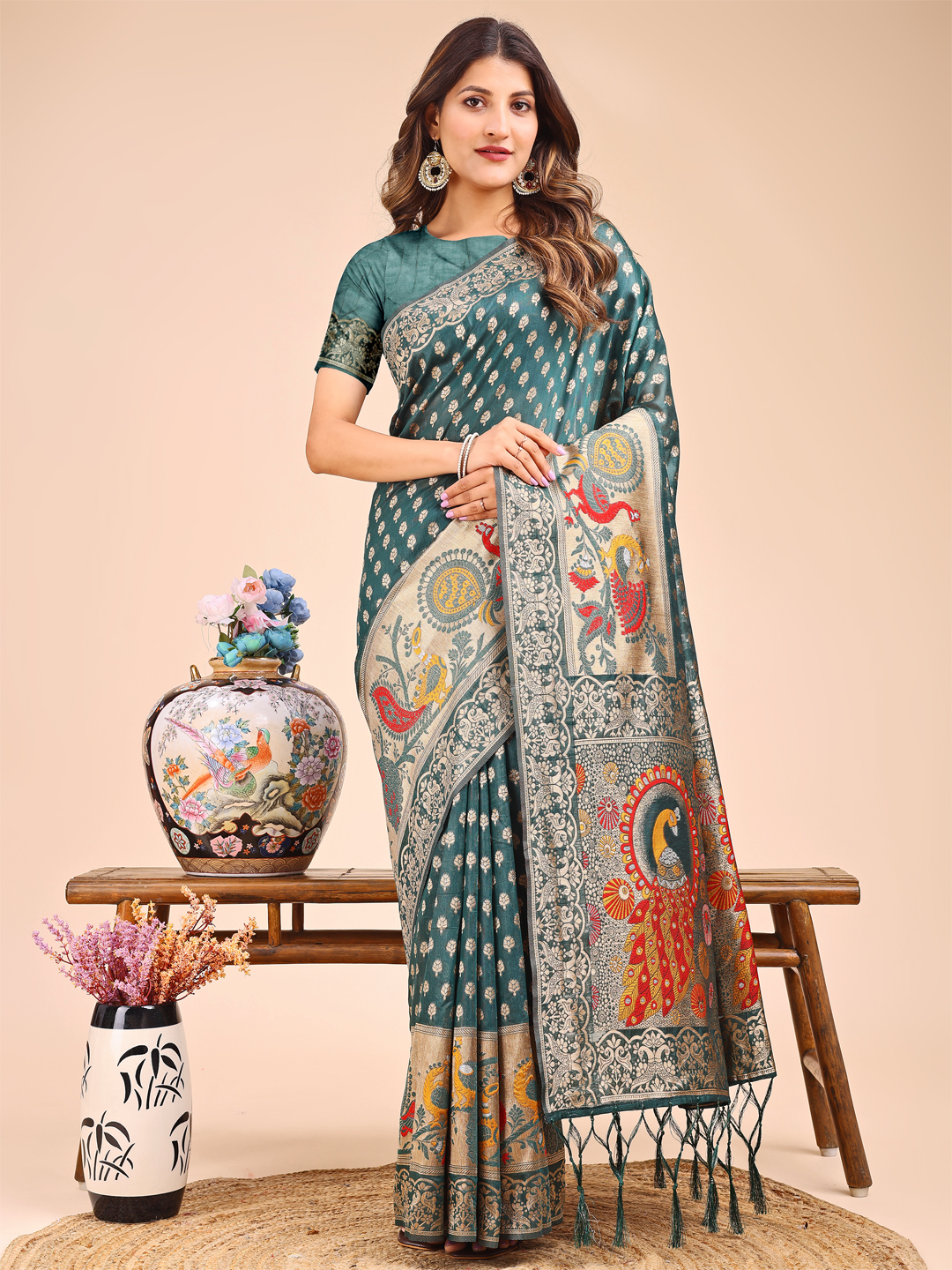 Traditional Green Linen Cotton Saree with Subtle Textured Weave