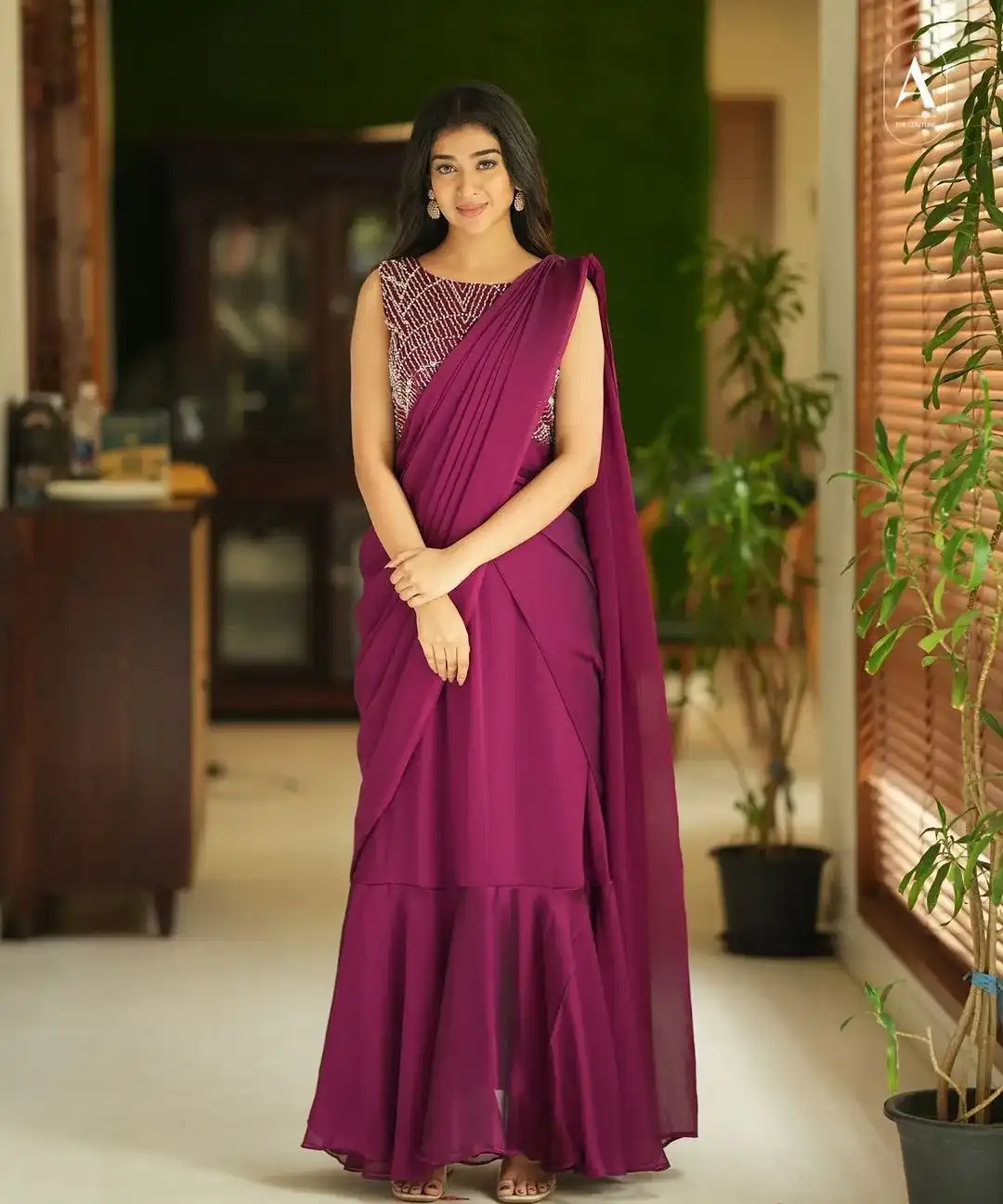 Maroon Color Designer Indo Western Party Wear Designer Stitched Gown Saree