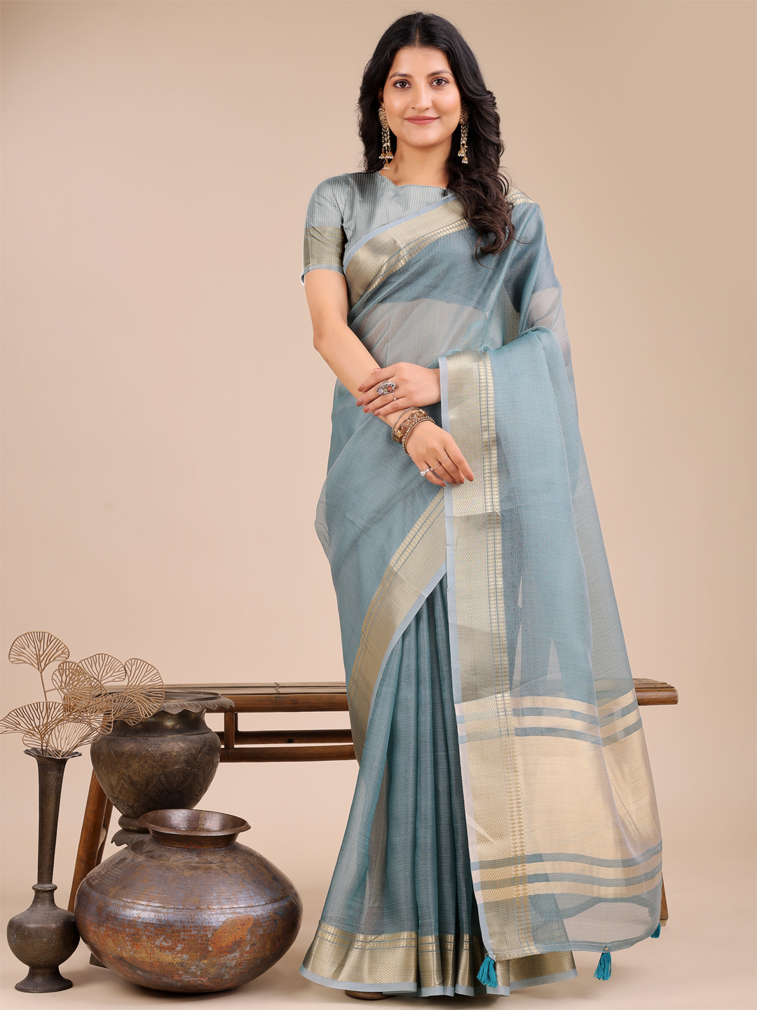 Pastel Sea Green Organza Saree with Lightweight Drap