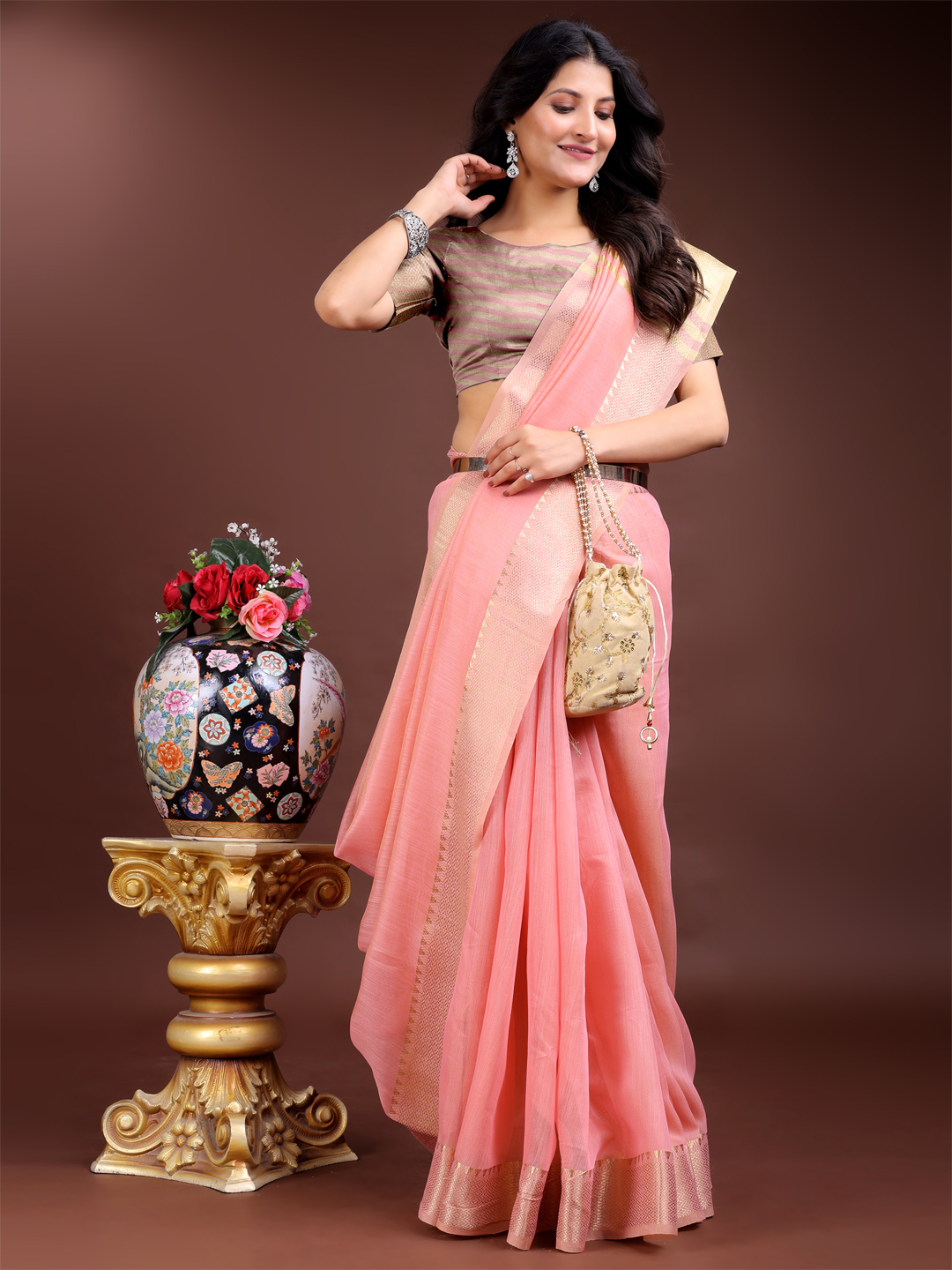 Comfort Fit Pink Cotton Readymade Saree with Feminine Charm
