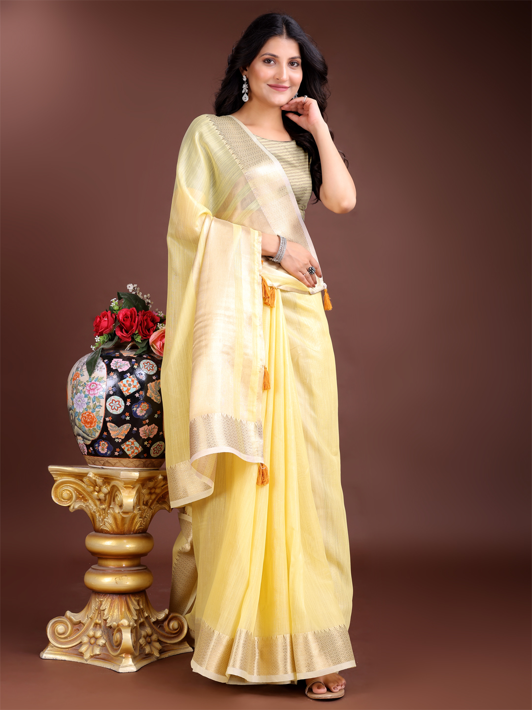 Sunny Yellow Cotton Ready-to-Wear Saree with Easy Drape