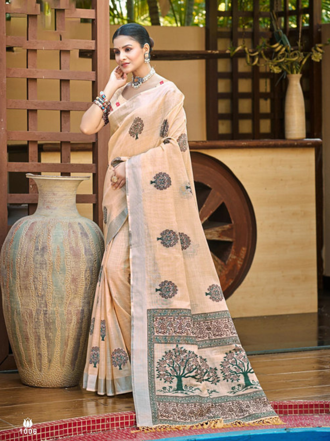 Traditional Orange Linen Cotton Saree for Graceful Occasions