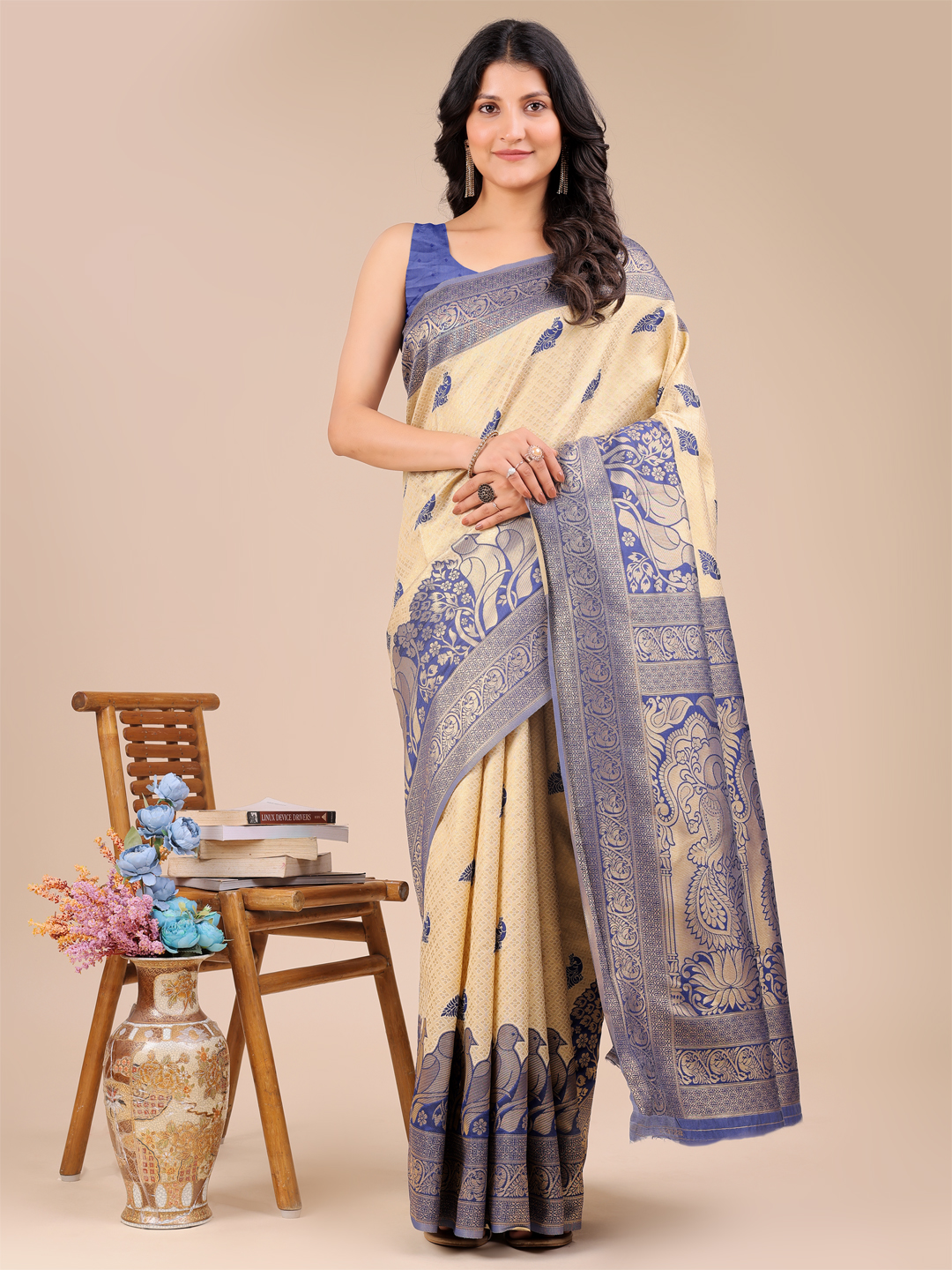 Classic Cream & Navy Blue Banarasi Silk Saree with Golden Butta Work
