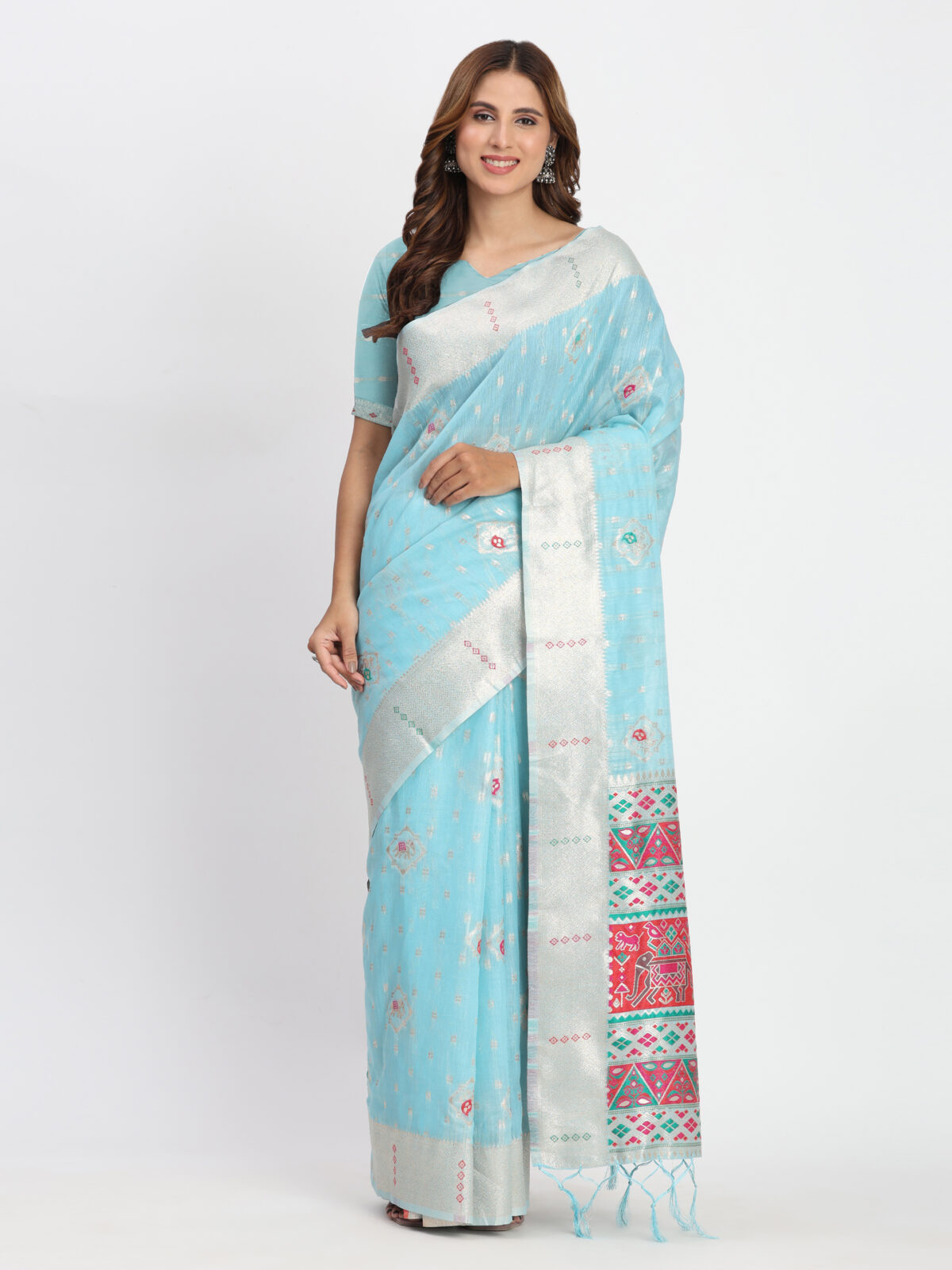 Stylish Sky Blue Linen Cotton Saree for Modern Occasions