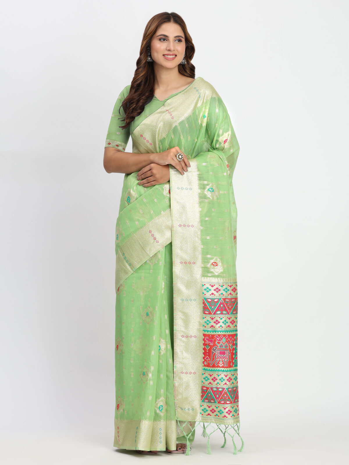 Premium Light Green Linen Cotton Saree with Subtle Texture