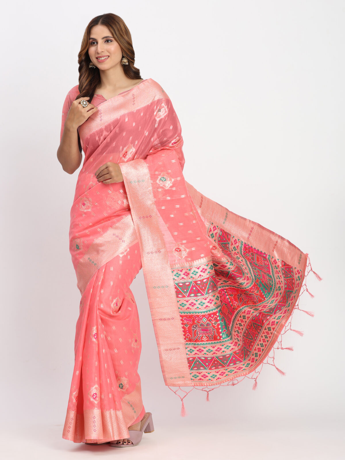 Soft Peach Linen Cotton Saree with Natural Texture