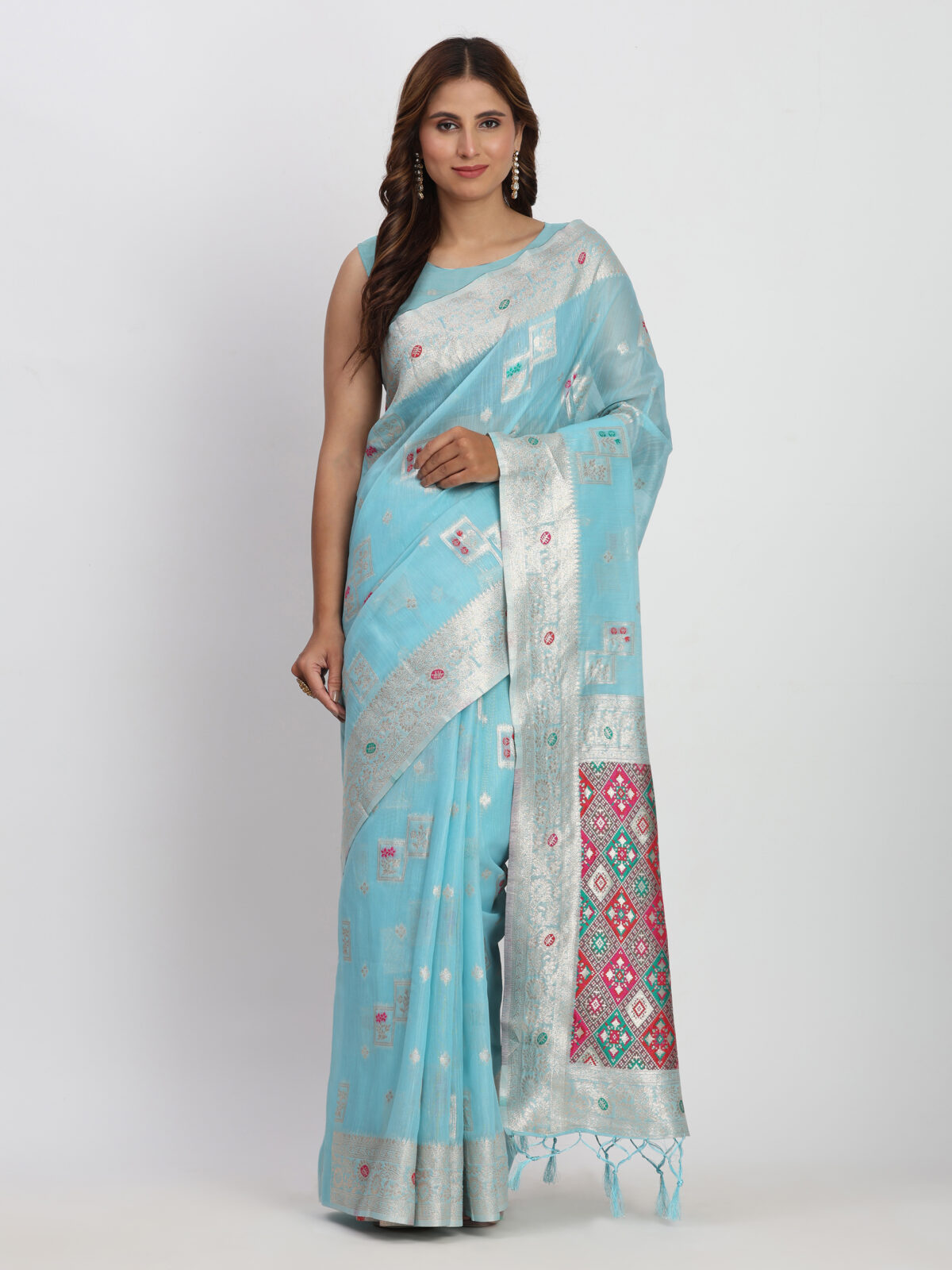 Refreshing Sky Blue Linen Cotton Saree with Ethnic Elegance