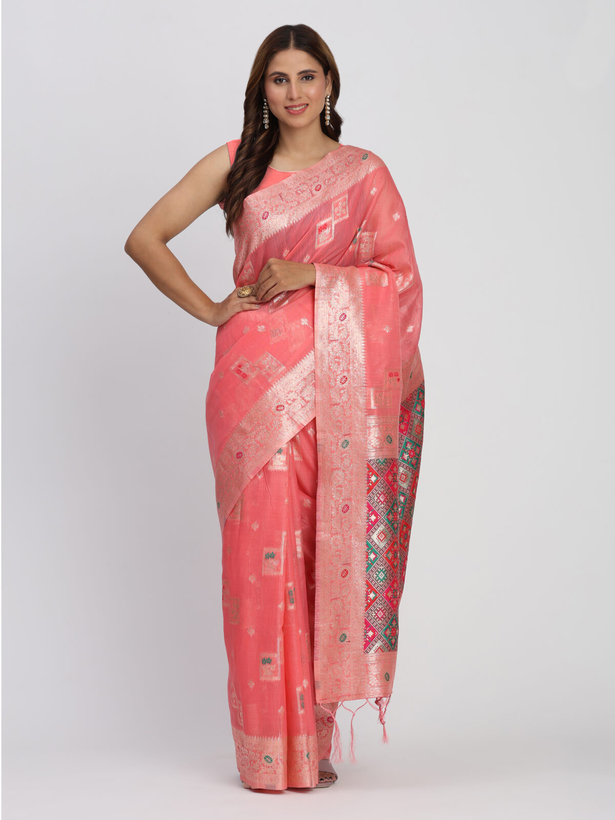 Delicate Peach Linen Cotton Saree with Gentle Drape