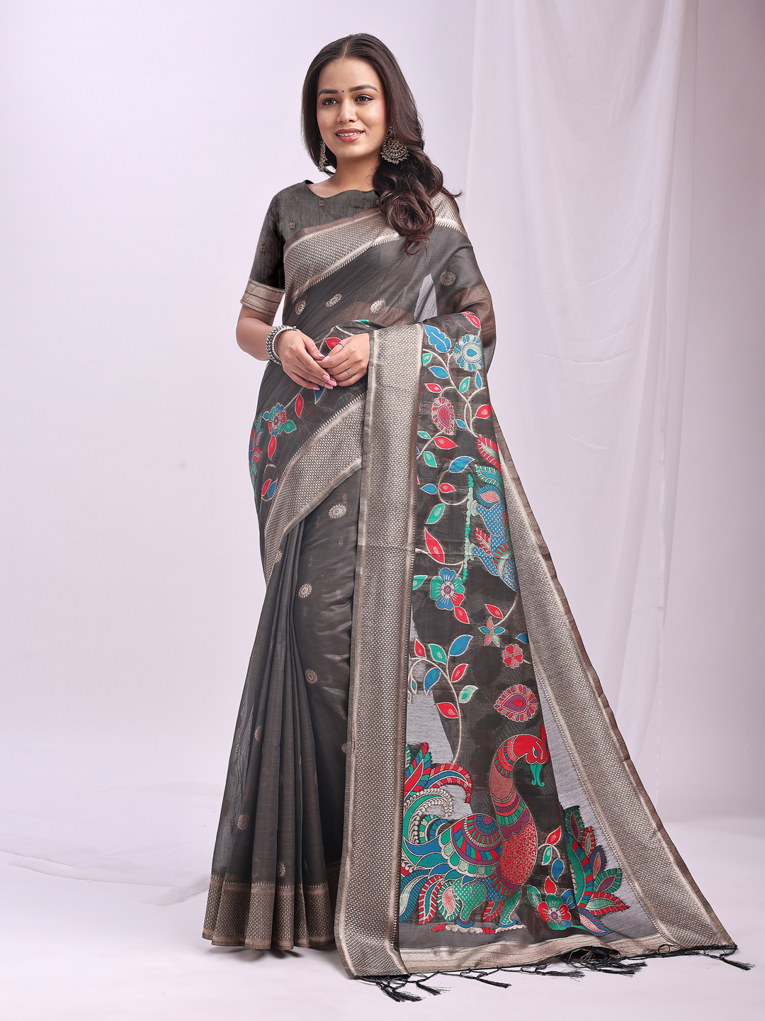 Grey Ethnic Linen Cotton Saree with Vibrant Peacock Prints