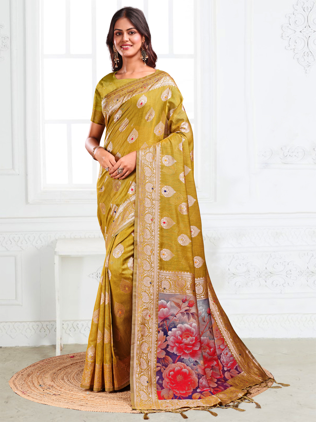 Premium Mehendi Green Linen Cotton Saree with Subtle Weave