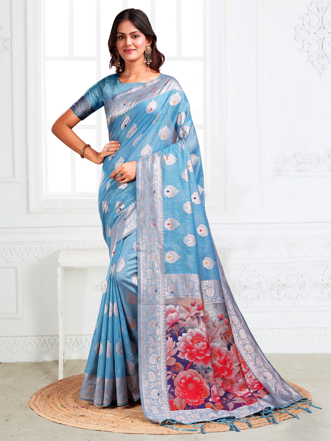 Sky Blue Handwoven Linen Cotton Saree with Classic Appeal