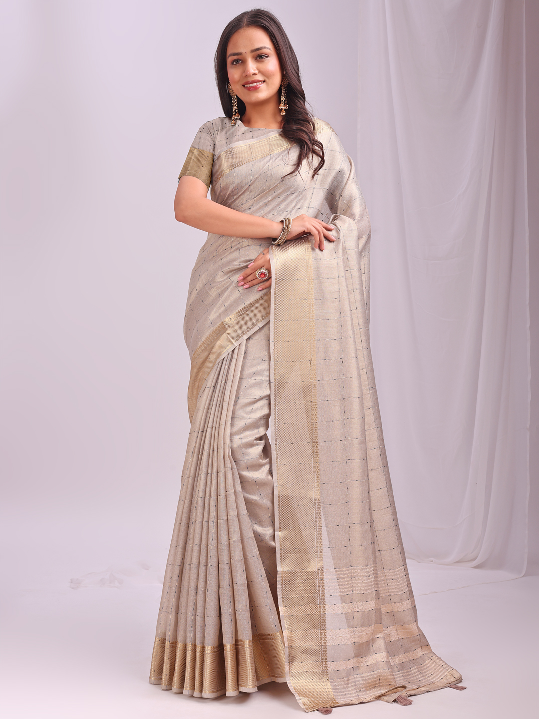Elegant Cream Organza Saree with Subtle Sheen