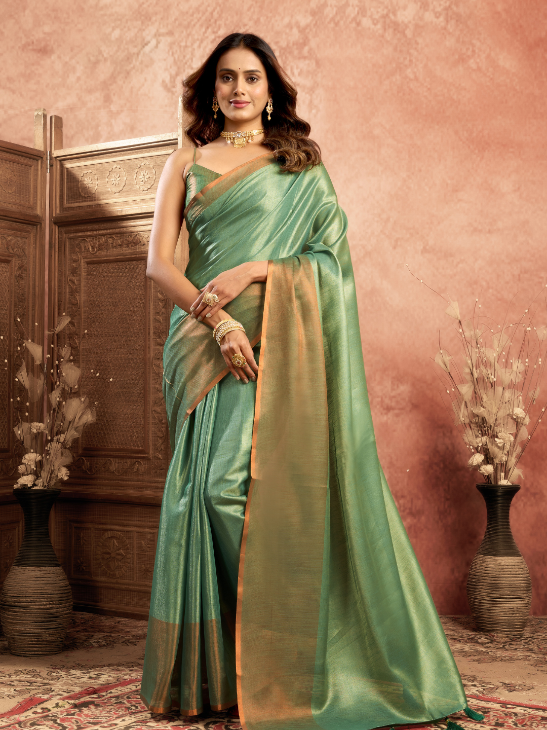Classic Bottle Green Pure Tissue Silk Saree with Rich Texture & Timeless Appeal